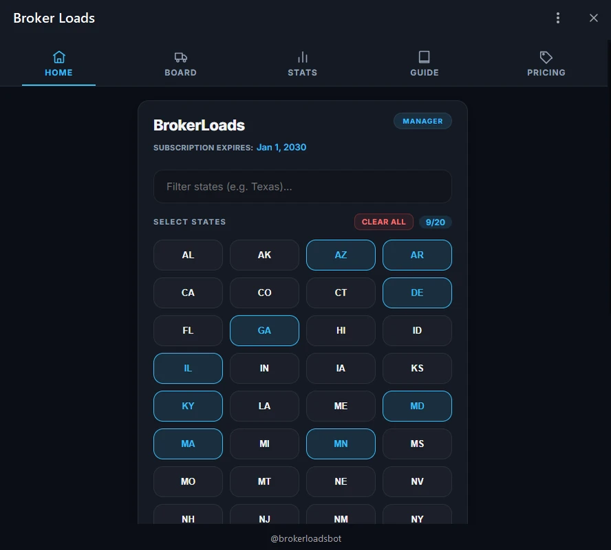 BrokerLoadsBot home screen in Telegram