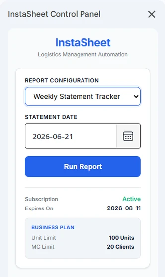 InstaSheet control panel — selecting the report type