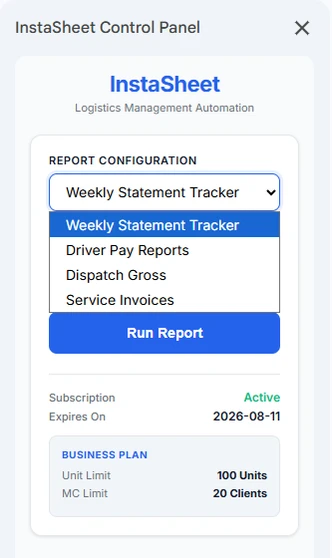InstaSheet control panel — selecting the date range
