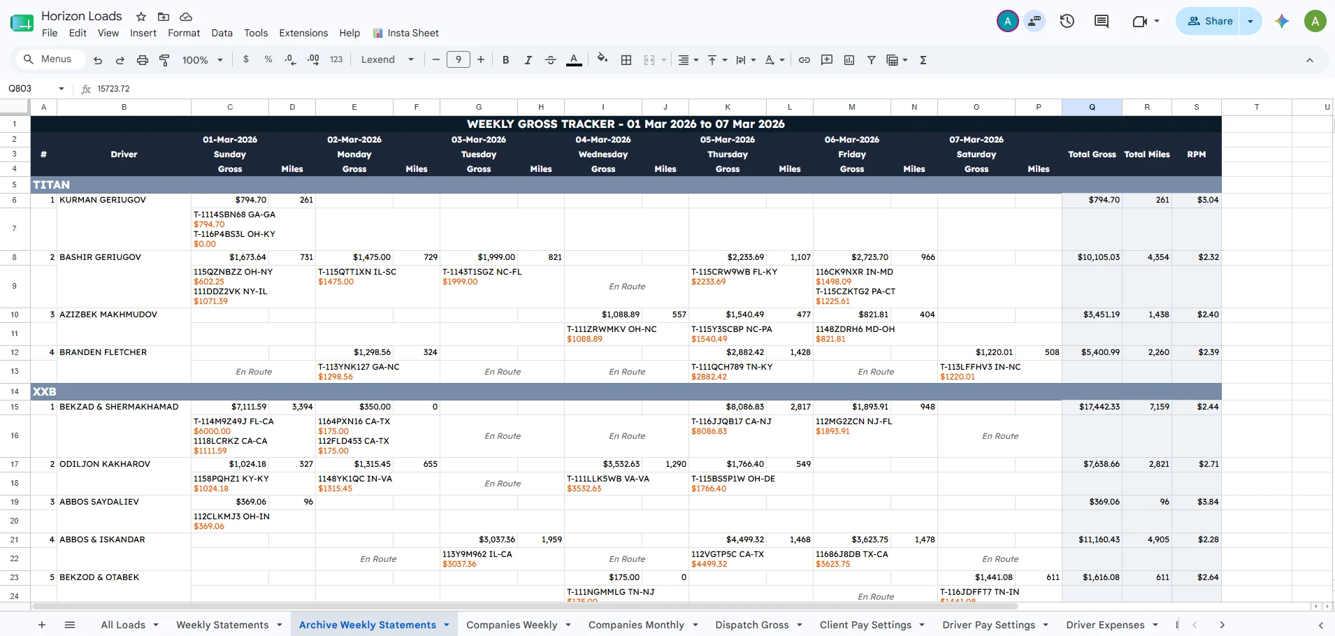 InstaSheet weekly statement tracker in Google Sheets